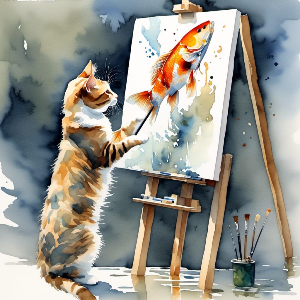 Cat Artist Paints Koi Pond, Watercolour Style