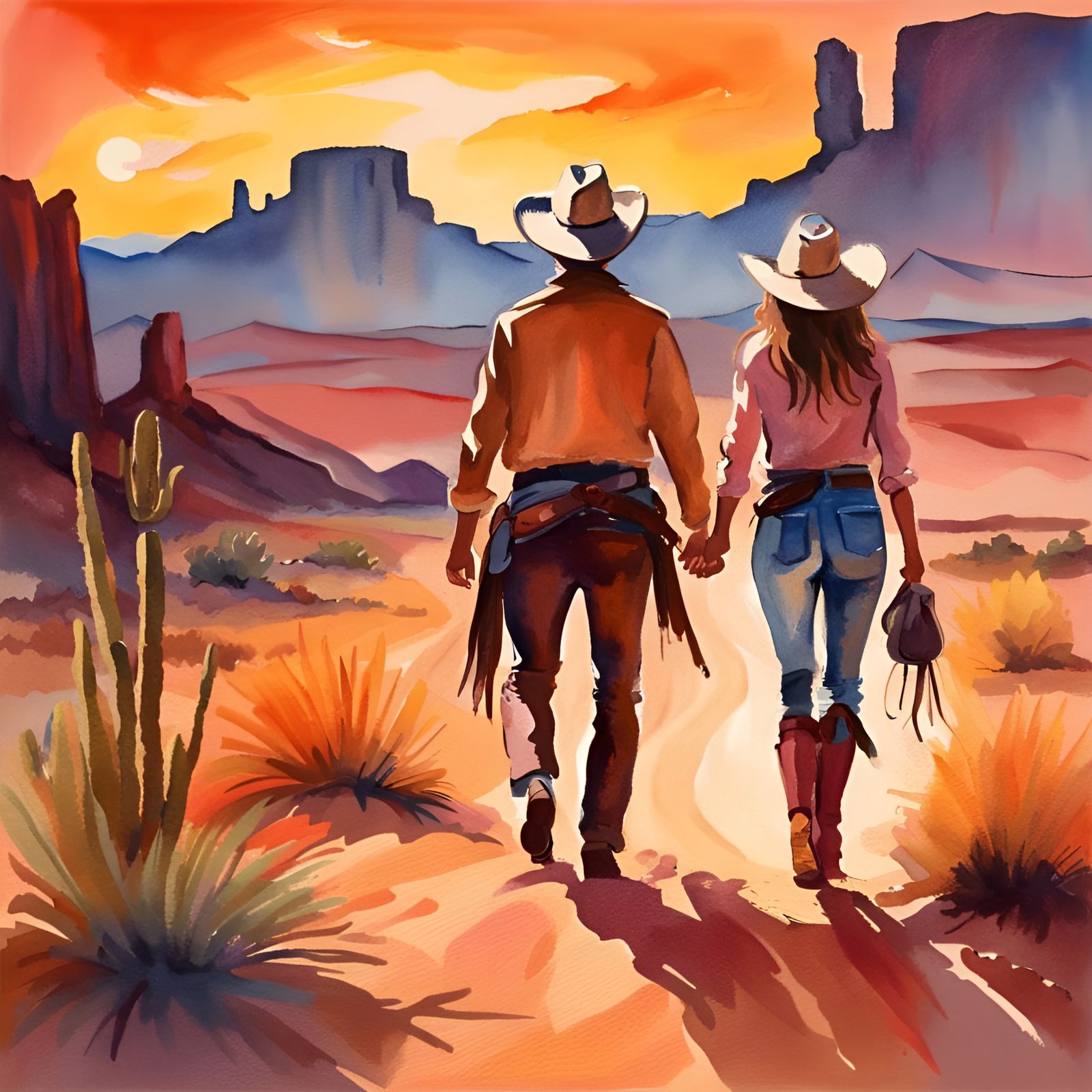 Cowboy and Cowgirl Walking into the Sunset