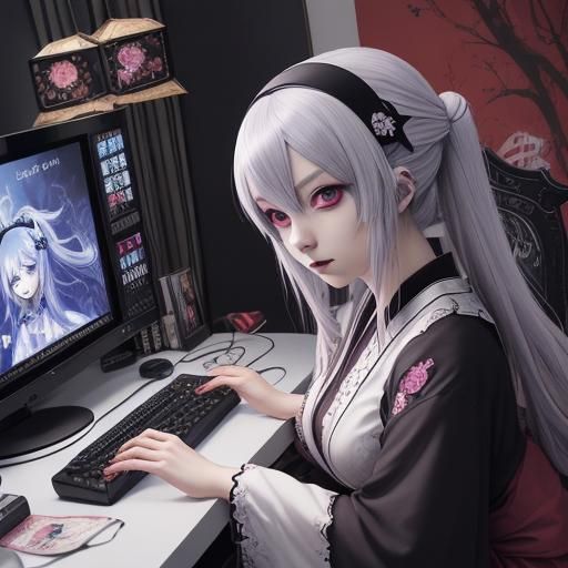 Gothic Anime Gamer Girl in Japanese Manga Style