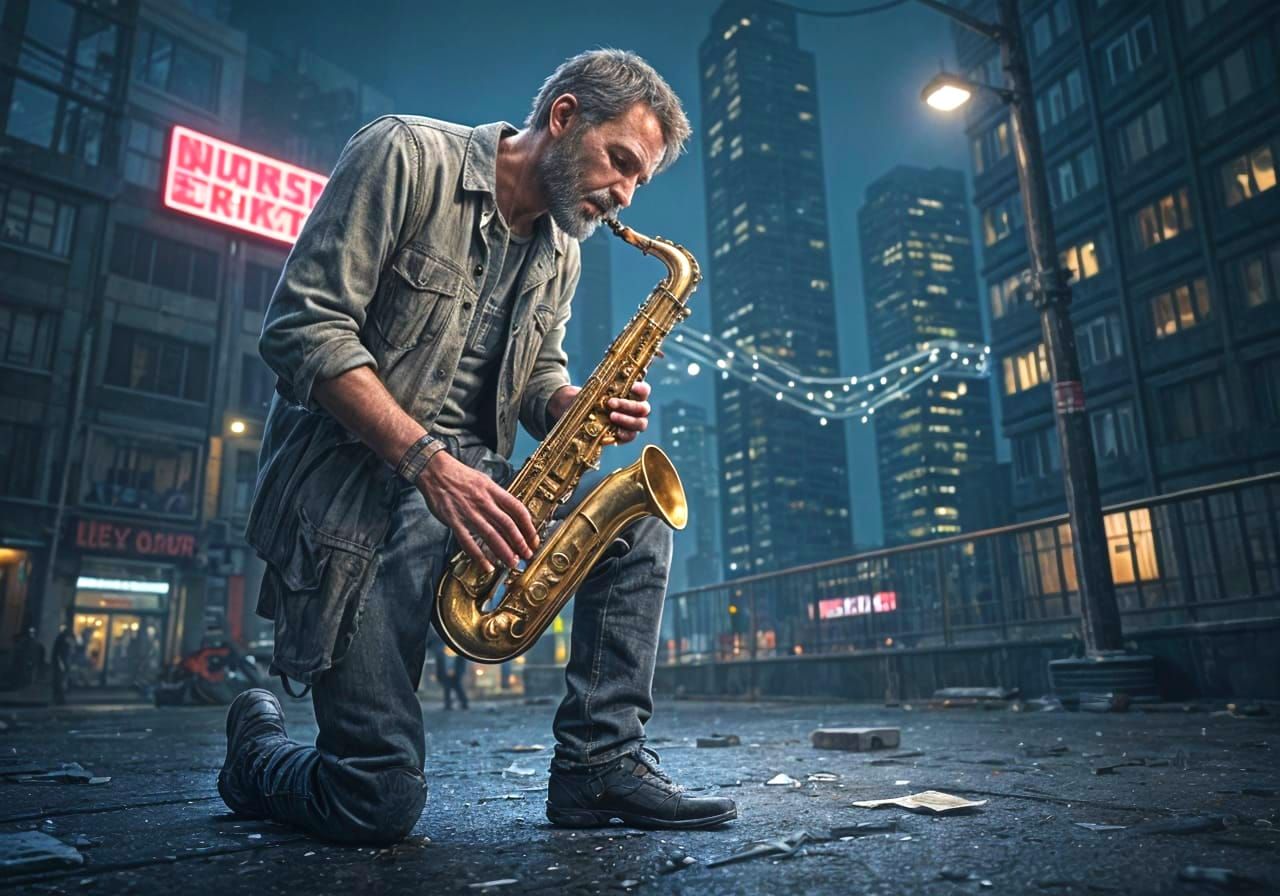Homeless Musician Plays Saxophone in Dystopian City