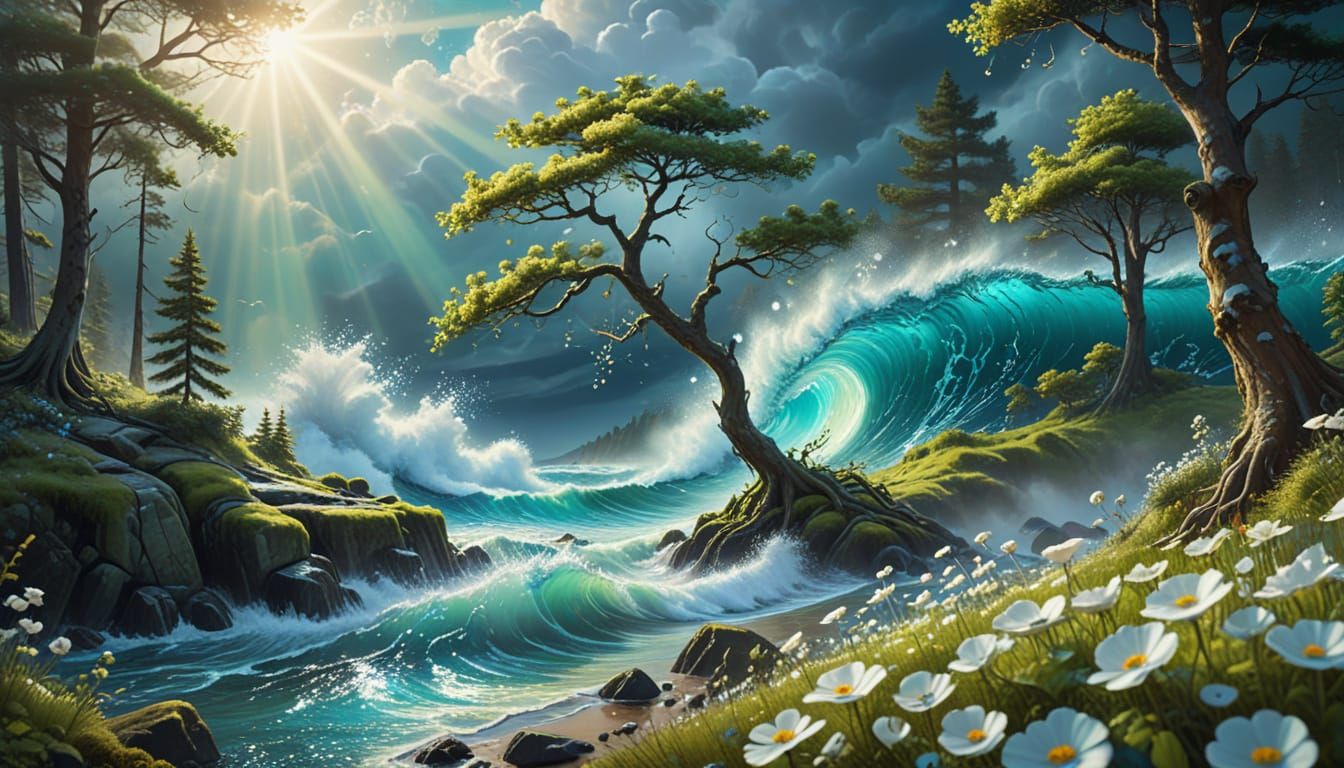 Ethereal Forest Meets Oceanic Paradise in Vibrant Oil Painti...