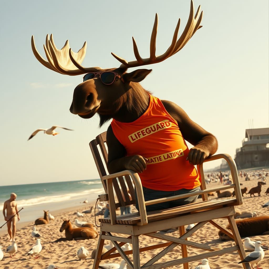 Moose Lifeguard on Sunny Beach, Cinematic Film Still