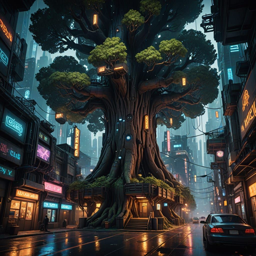Cyberpunk Sequoia Metropolis in Vibrant Neon Hues