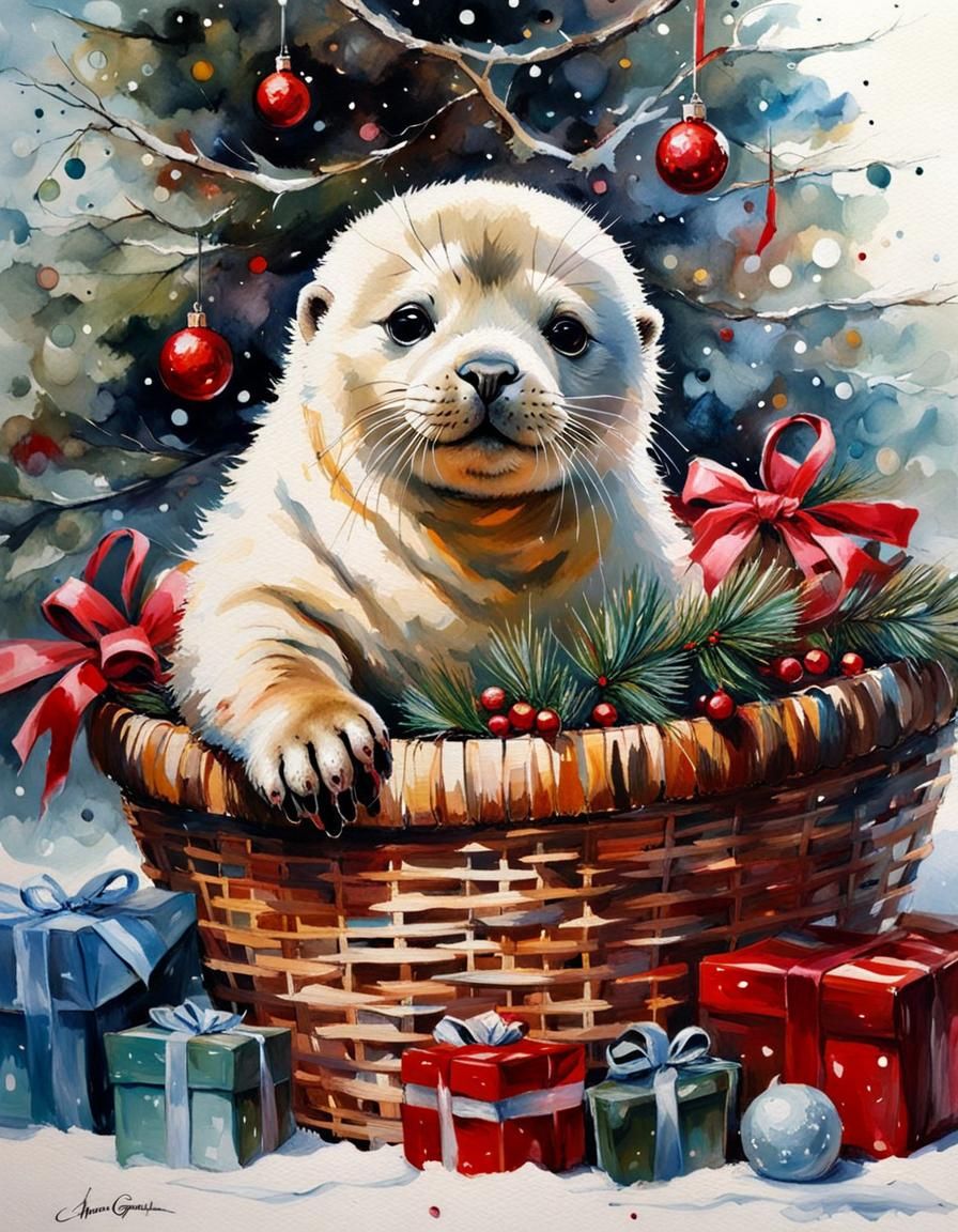 Playful Baby Seal in Basket by Christmas Tree