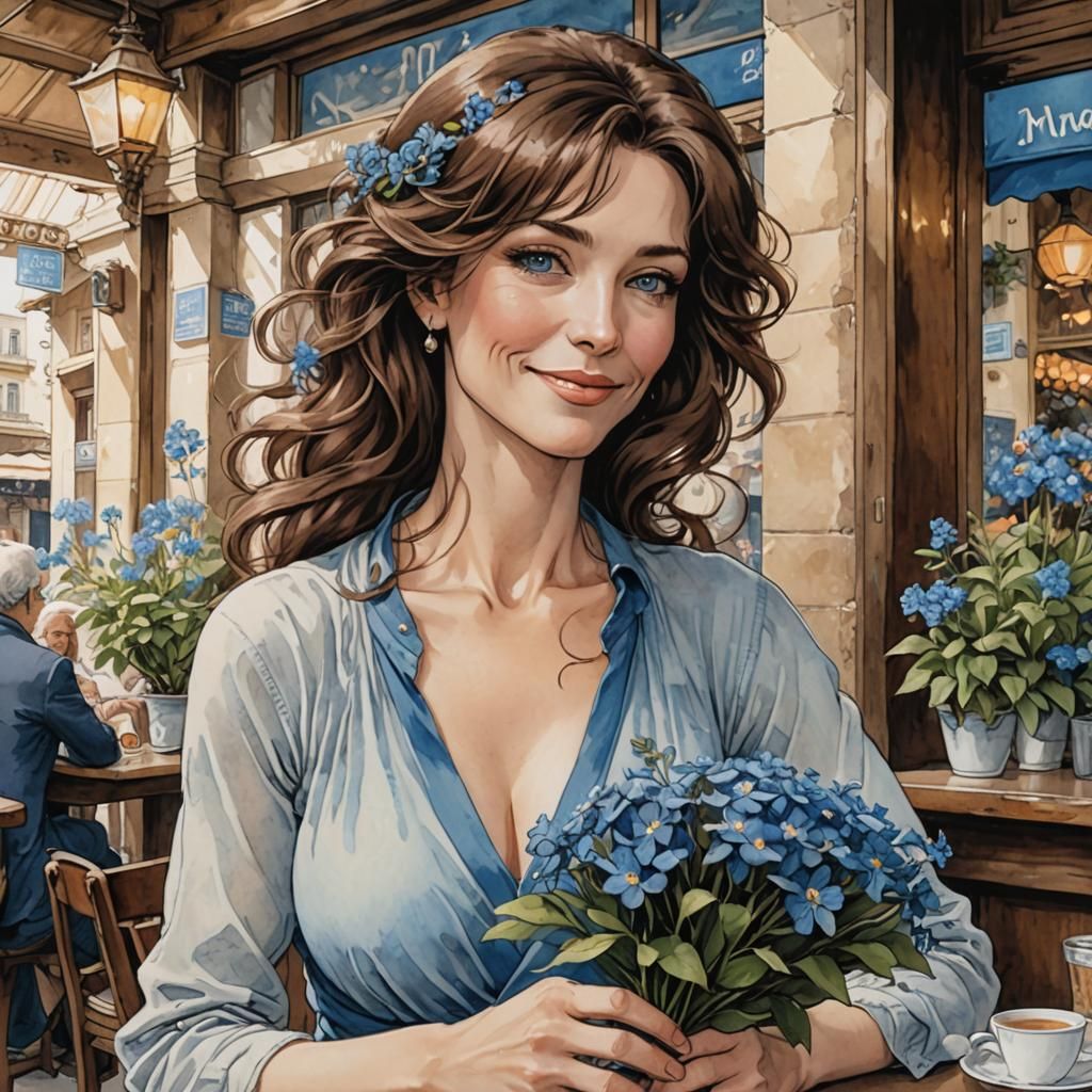 Confident Woman with Blue Flowers in Bande Dessinée Style