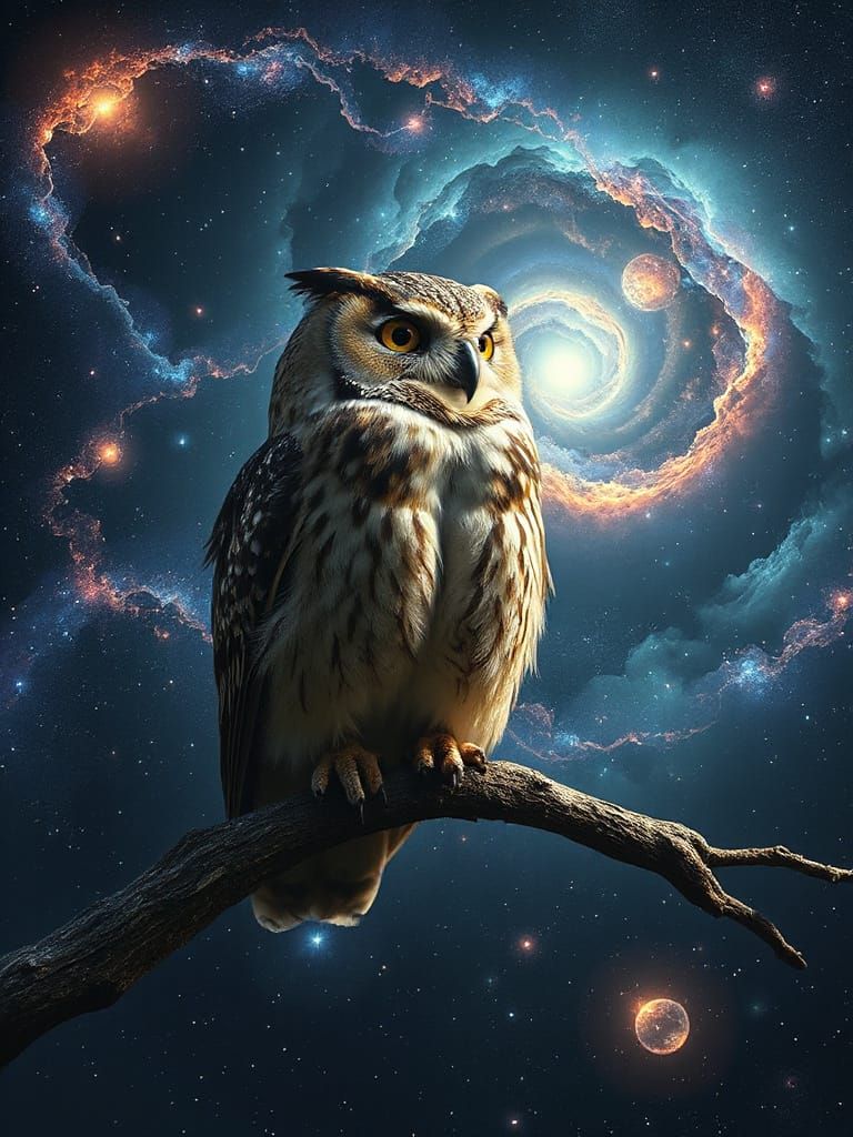 Majestic Owl on Stardust Branch in Cosmic Void
