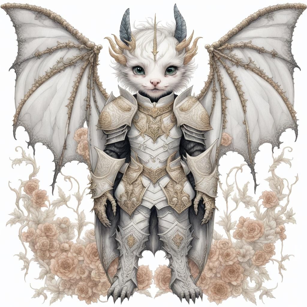 Embroidered White Knight Dragon with Bat Wings