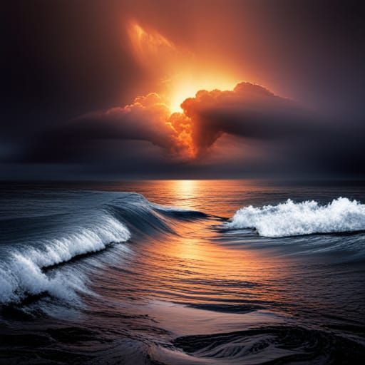 Stormy Ocean with Orange Lightning, Matte Painting