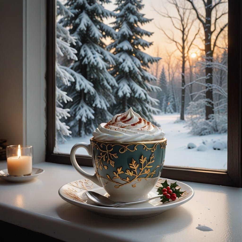 Golden Christmas Cappuccino in Cozy Cafe Setting