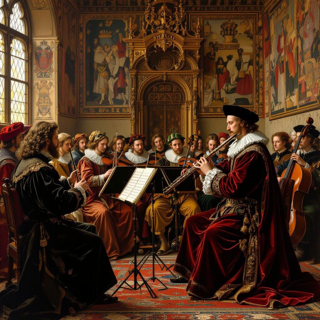 Renaissance Flute Player Performs for Royalty in Golden Hall