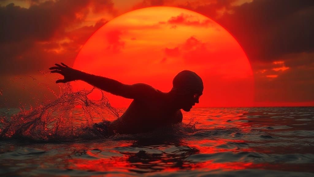 Man Swims Under Enormous Red Sun