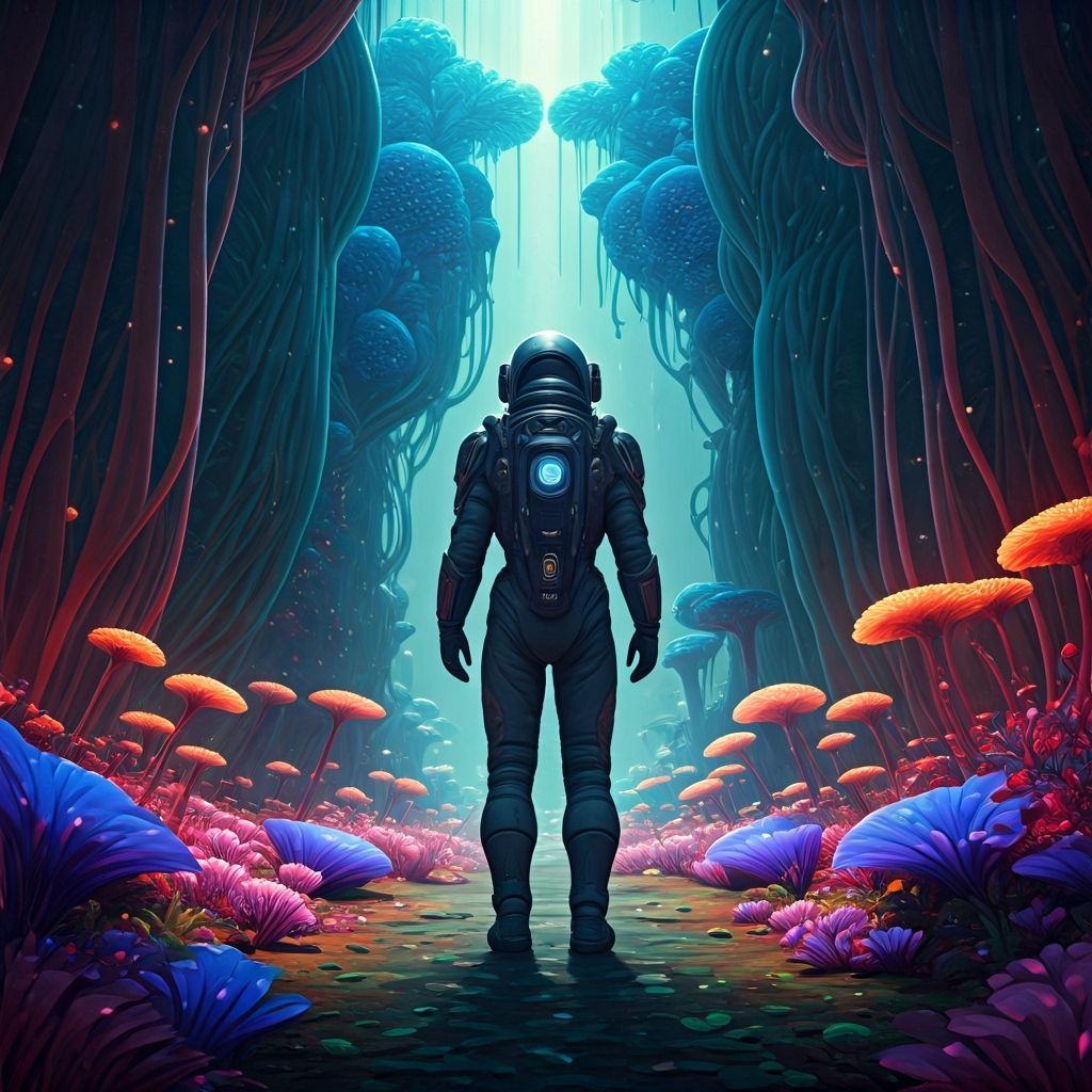 Astronaut Explores Surreal Alien Landscape in 3D Anime Style