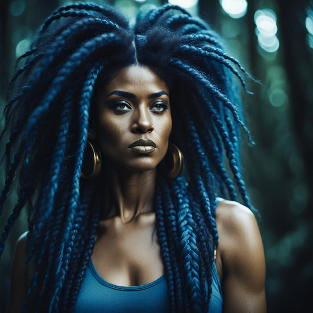 Mystical Woman with Blue Afro in Cinematic Style