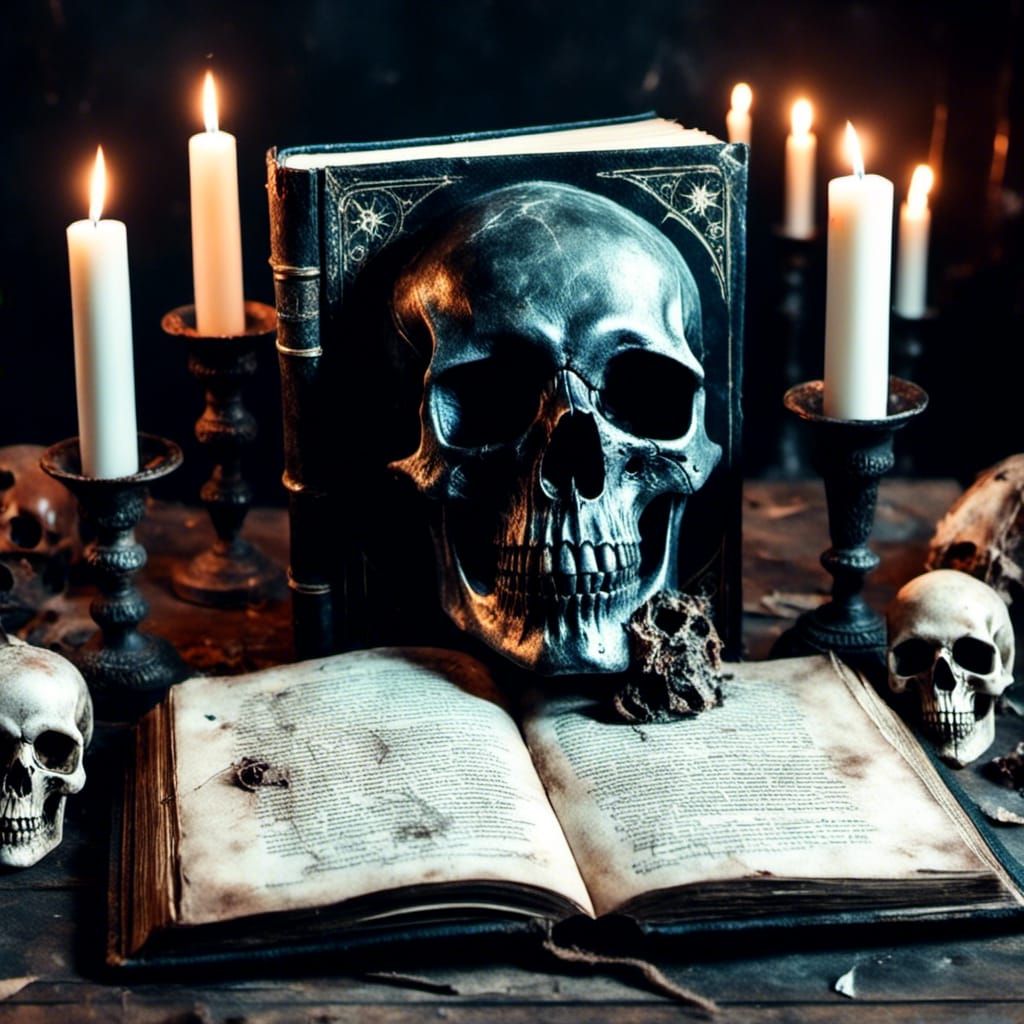 Macabre Black Magic Spellbook with Skull