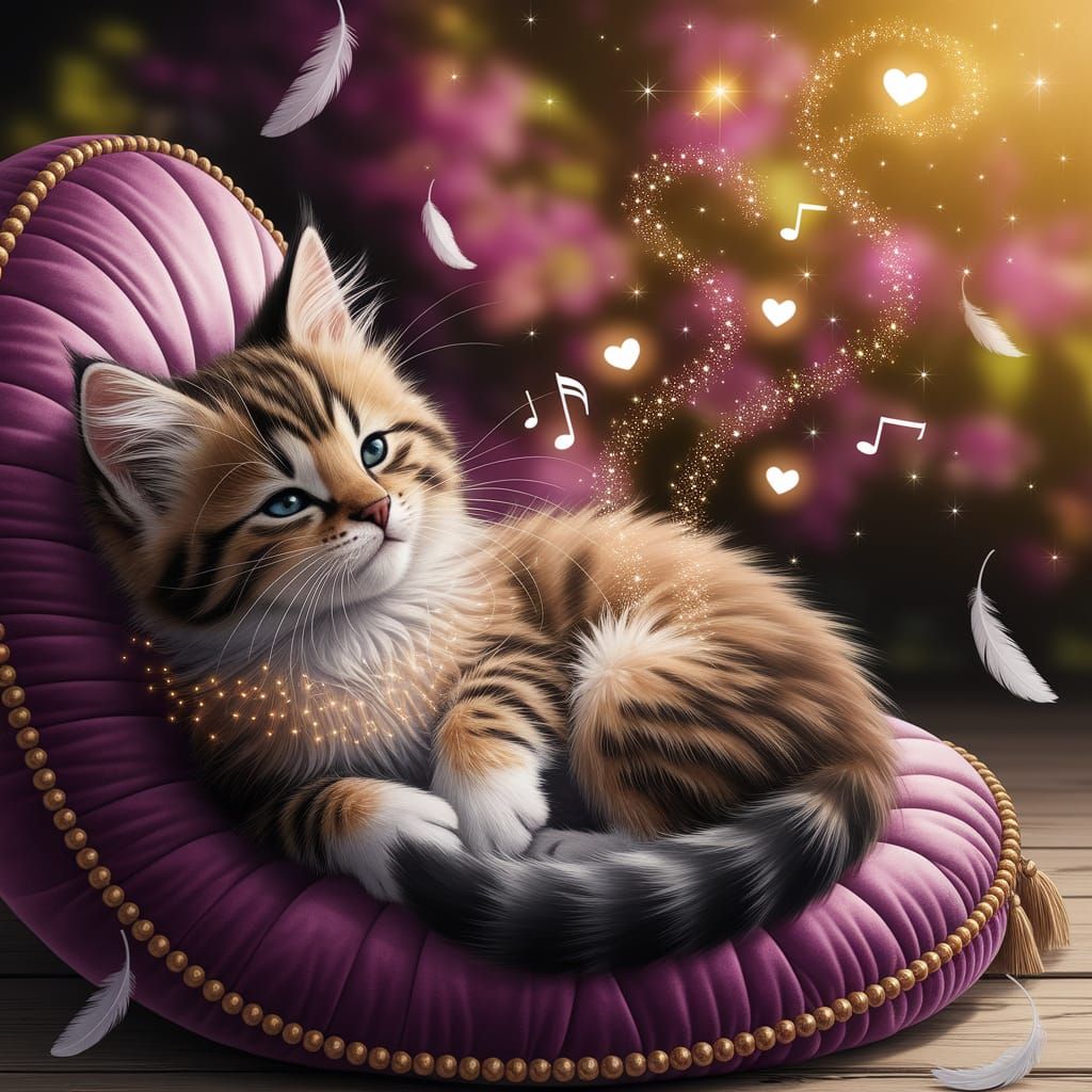 Fluffy Kitten Purring Bliss on Velvet Cushion