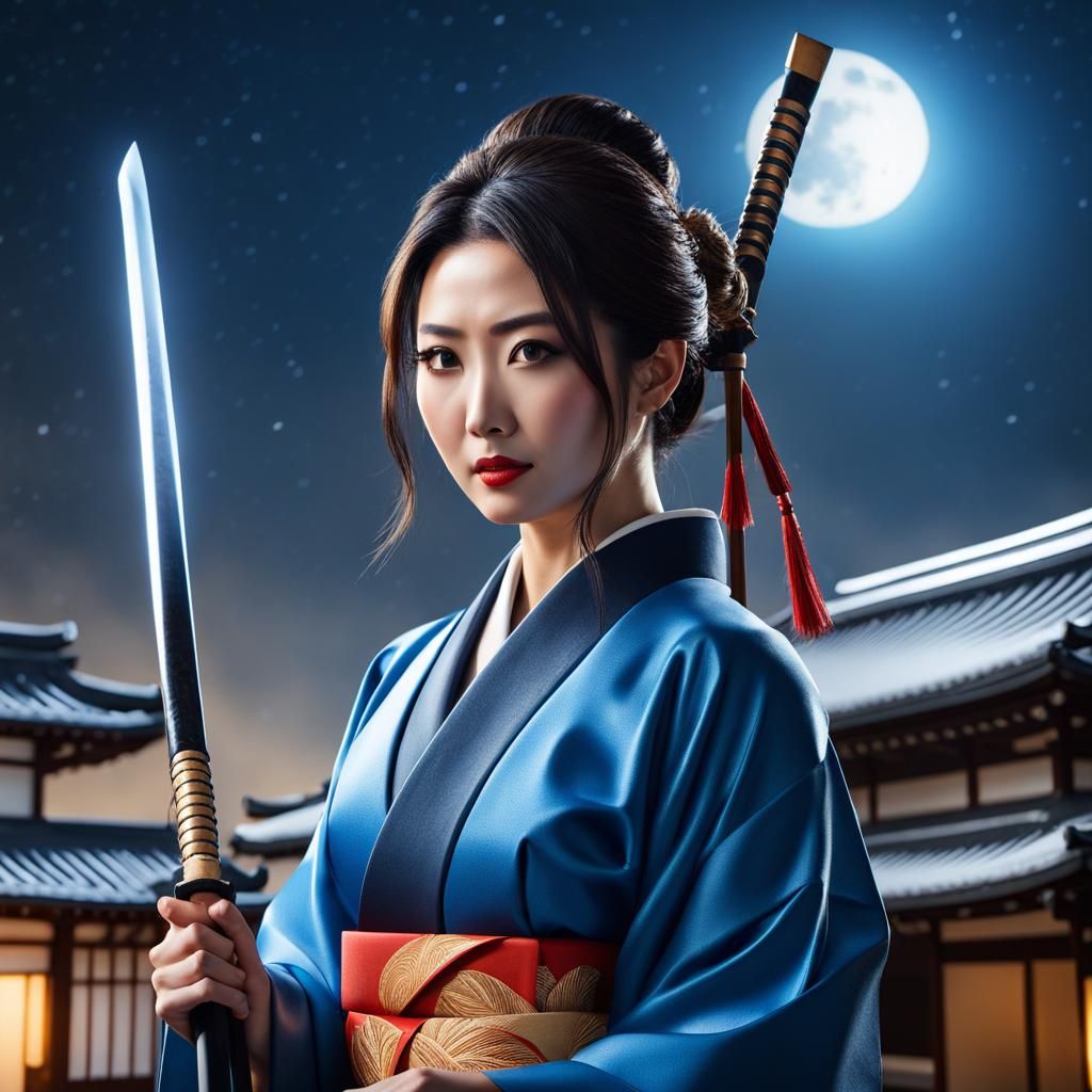 Japanese Woman with Spear in Courtyard