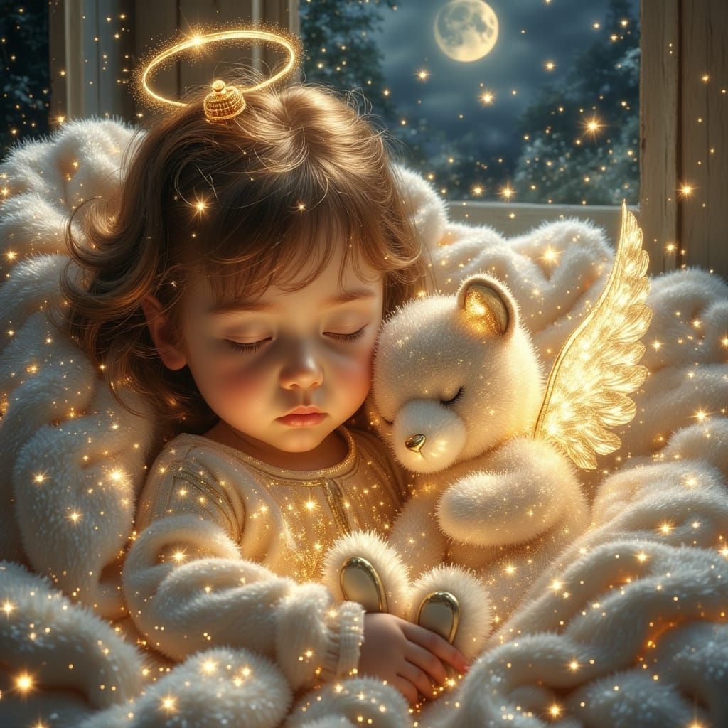 Dreamy Slumber: Girl and Angelic Teddy Bear