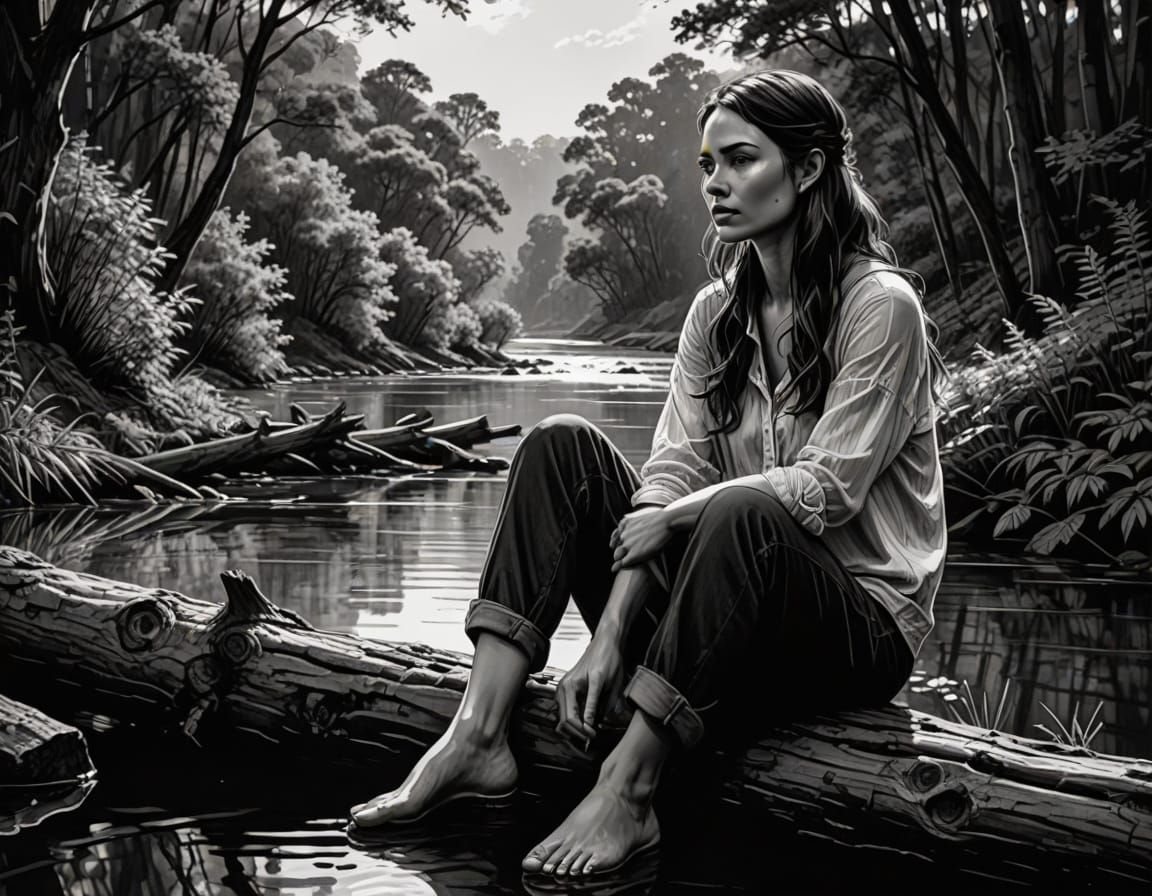 Girl in Deep Thought, Ink Portrait on Log by River
