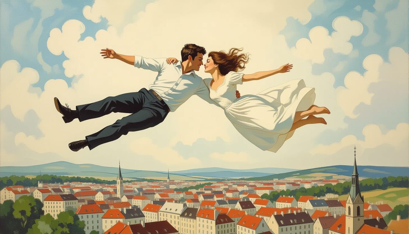 Weightless Lovers Embrace Above City as Oil Painting