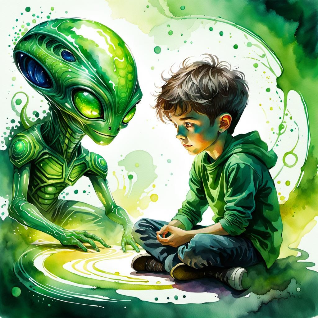 Child Creates Alien Figure in Watercolor Illustration