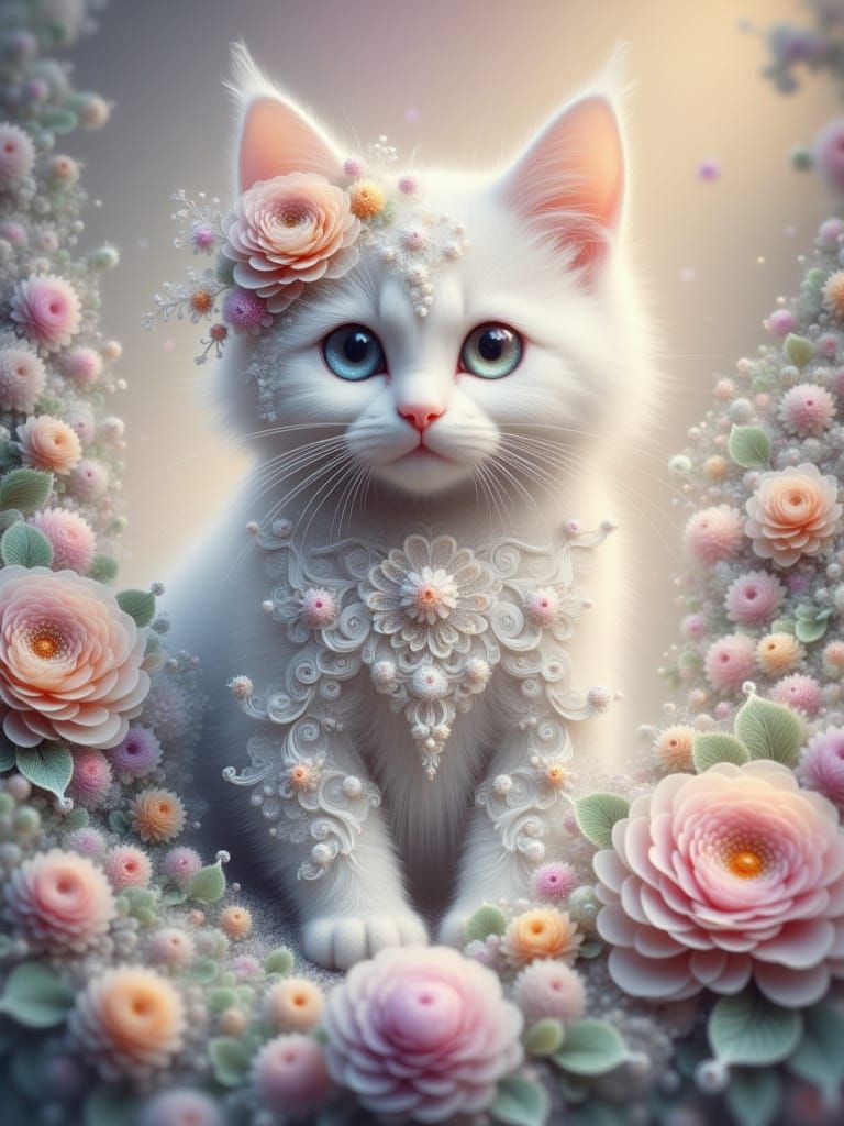 Whimsical Fractal Cat and Fairy in Enchanted Garden