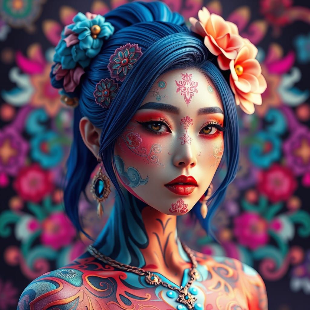 Exquisite Asian Goddess in Vibrant Bodypaint, Inspired by An...