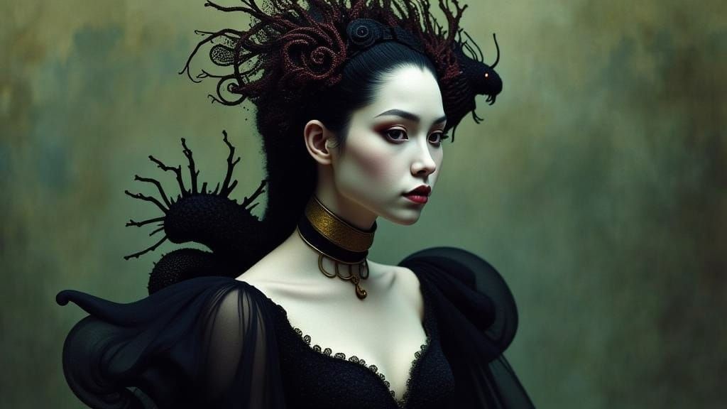 Gothic Dragon Queen Portrait in Ethereal Dark Fantasy Style