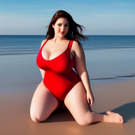 Voluptuous Brunette in Red Bikini at Golden Hour