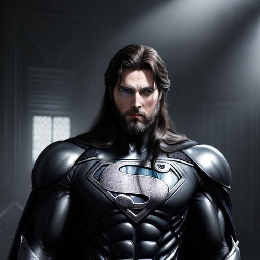 David Corenswet with a 2 day beard, and long hair,  wearing Black and Silver SuperMan suit.
