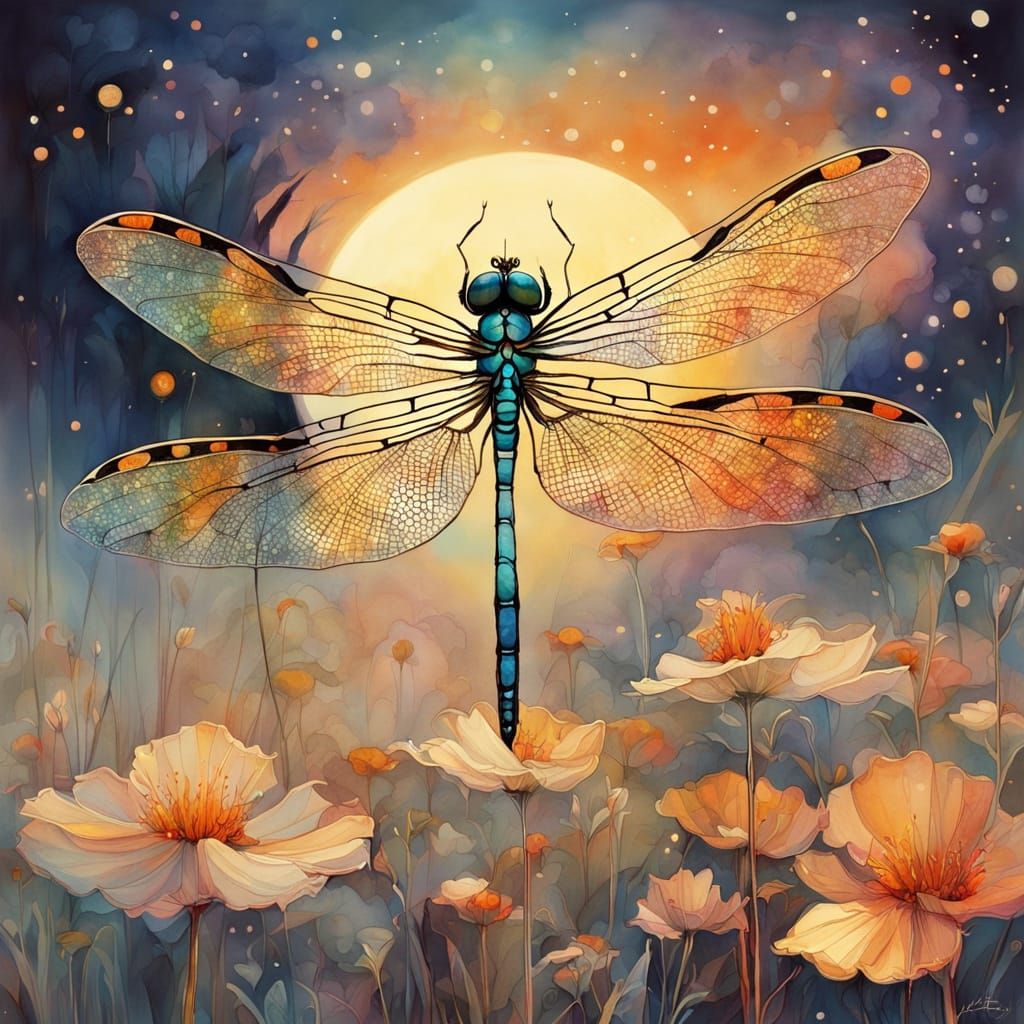 Fantastical Dragonfly on Delicate Flower in Watercolor