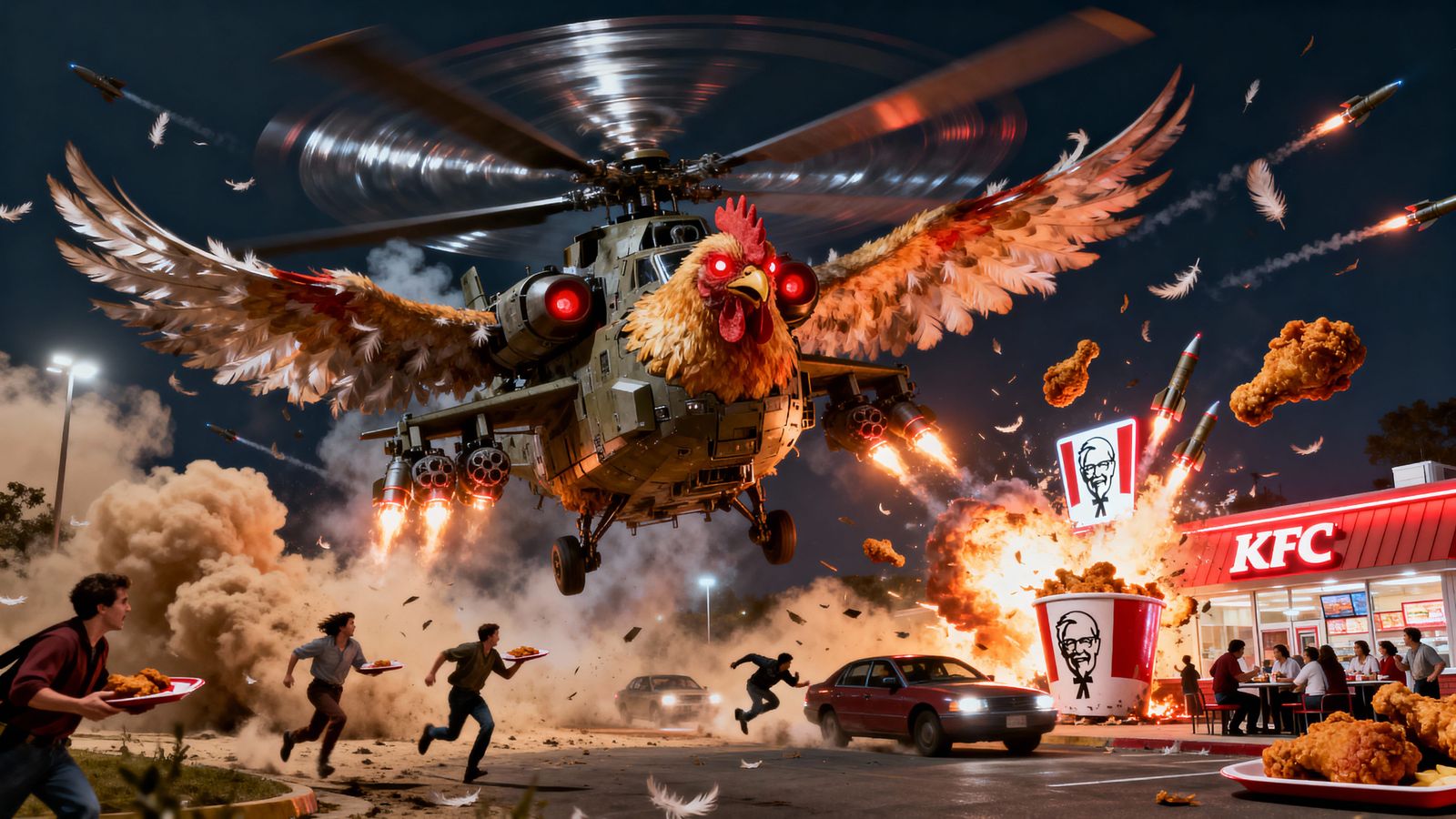 Battle Chicken War Machine Soars Over Exploding KFC