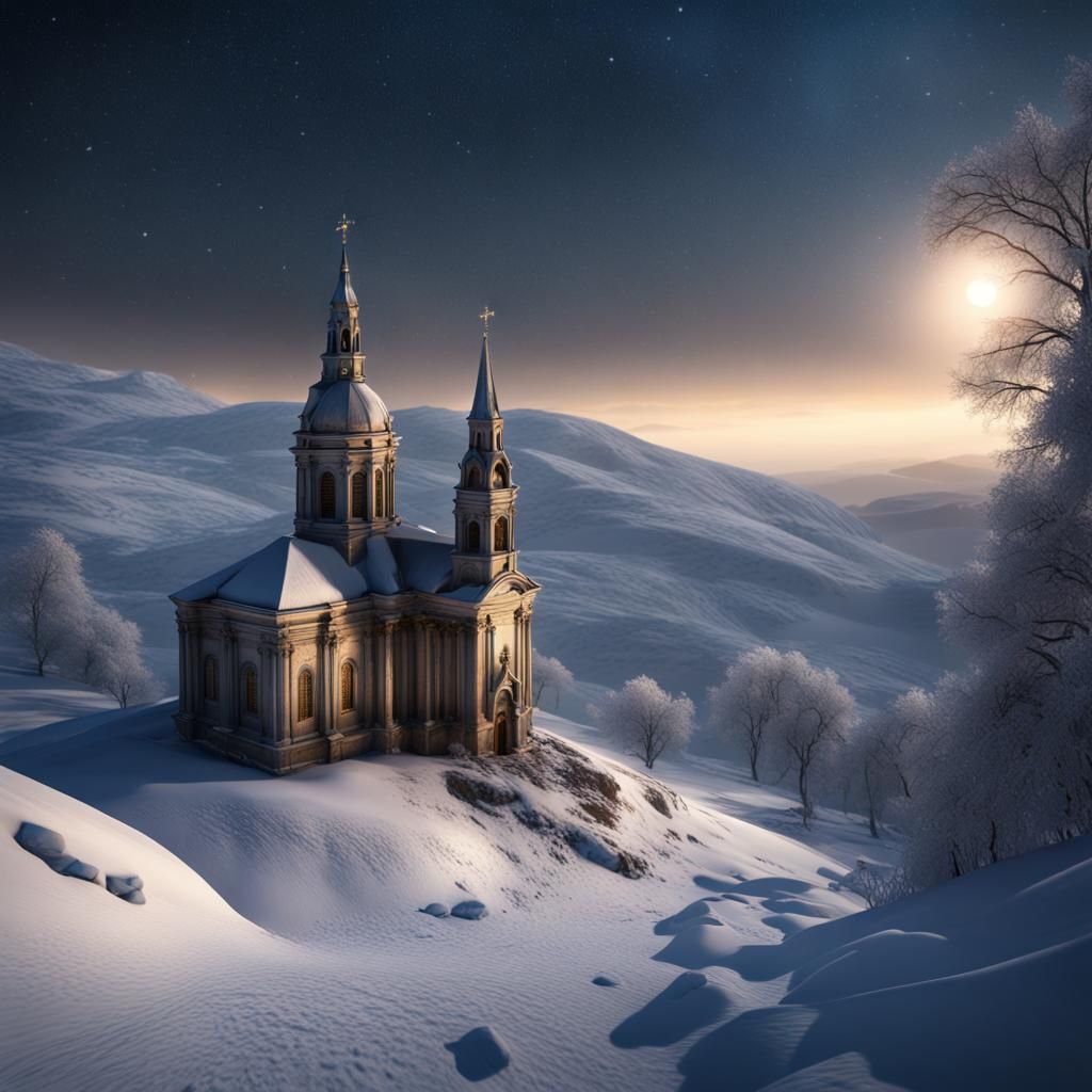 Baroque Church Under Comet Starry Night Sky