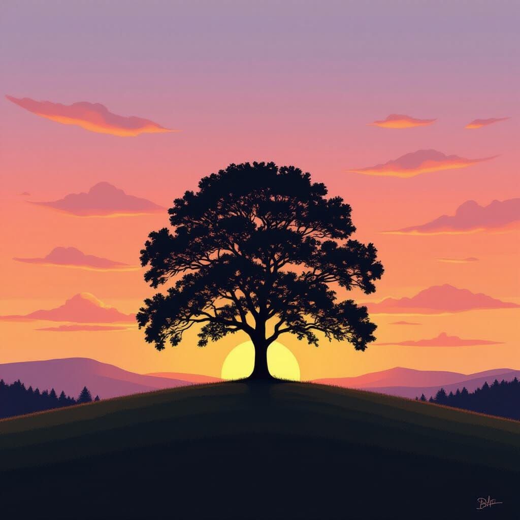 Solitary Tree on Hill at Sunset, Peaceful Landscape