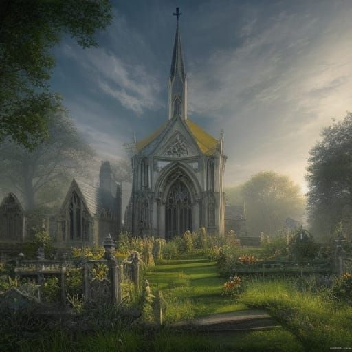 Sunny Morning in Peaceful Churchyard: Hyperdetailed Fantasy ...