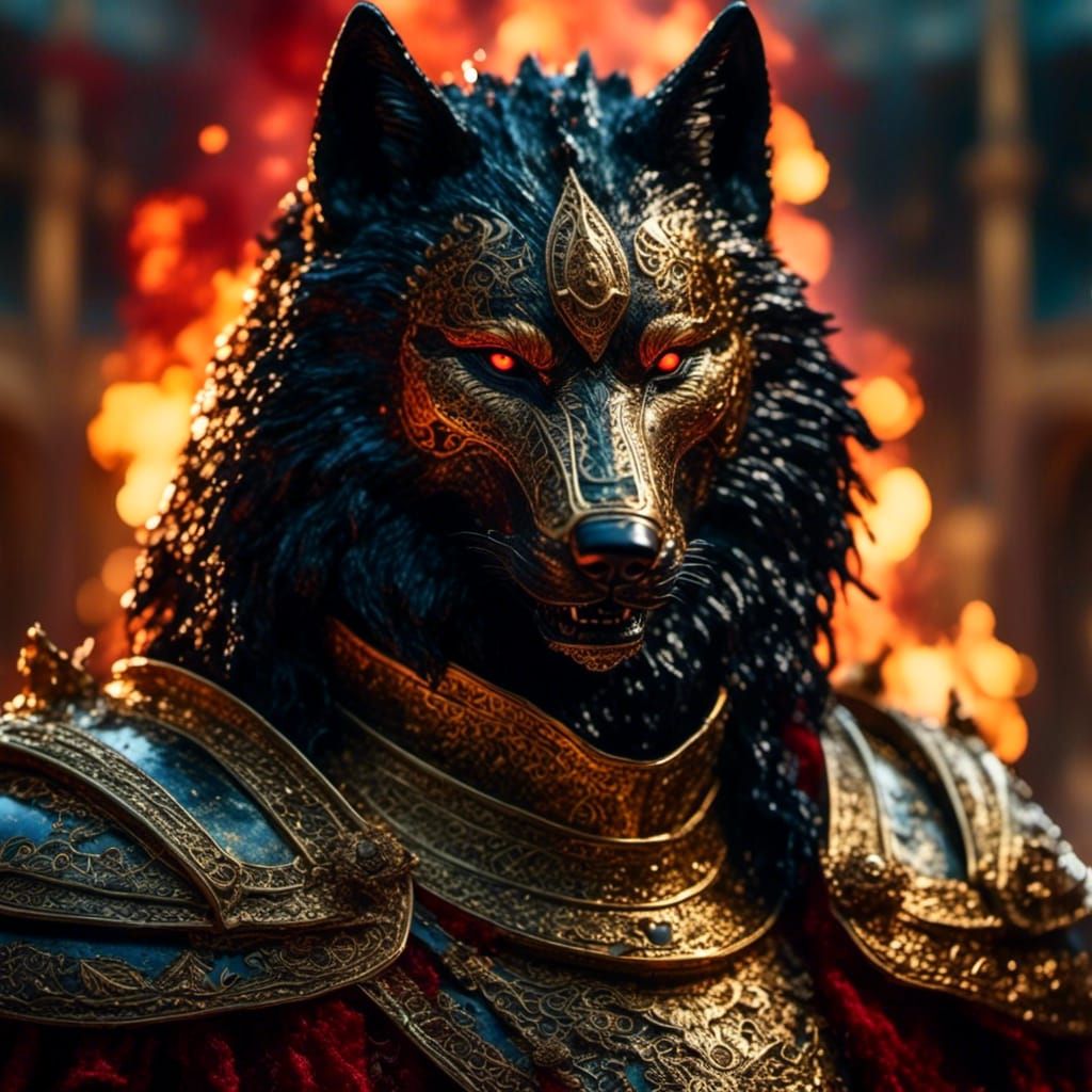 Armored Black Wolf with Flaming Background
