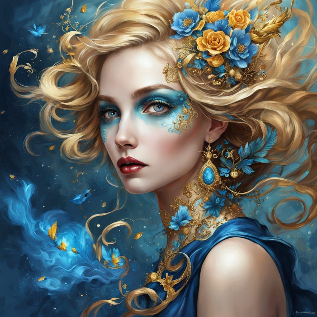 Elegant Fantasy Portrait of Woman with Golden Dress