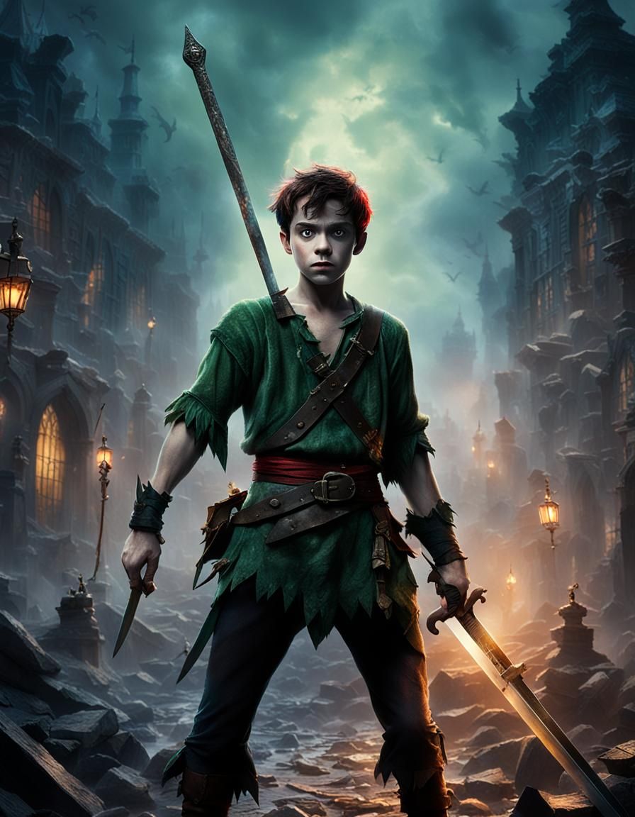 Peter Pan with Gothic Sword in Dystopian Setting