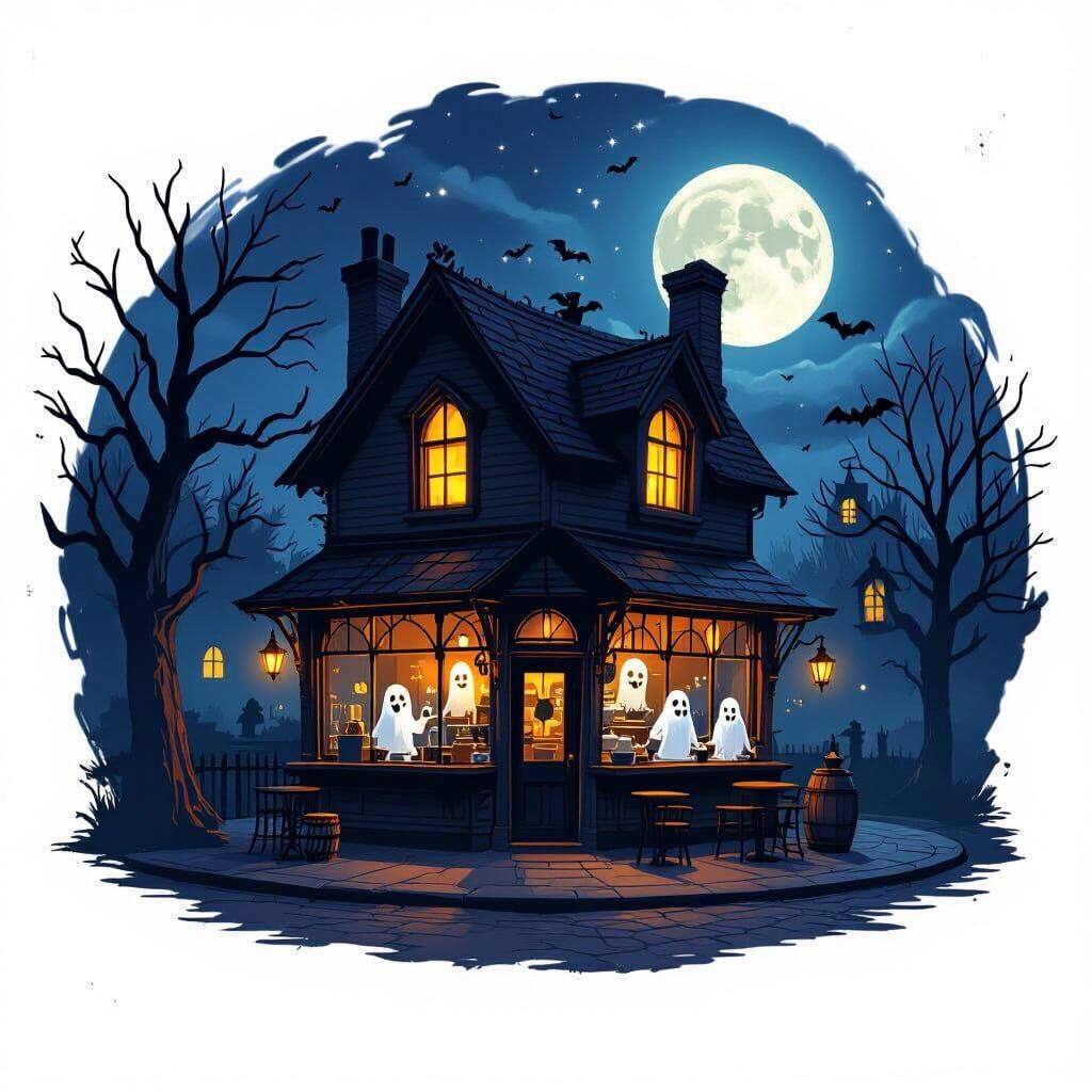Spooky Moonlit Coffeehouse with Ghostly Baristas