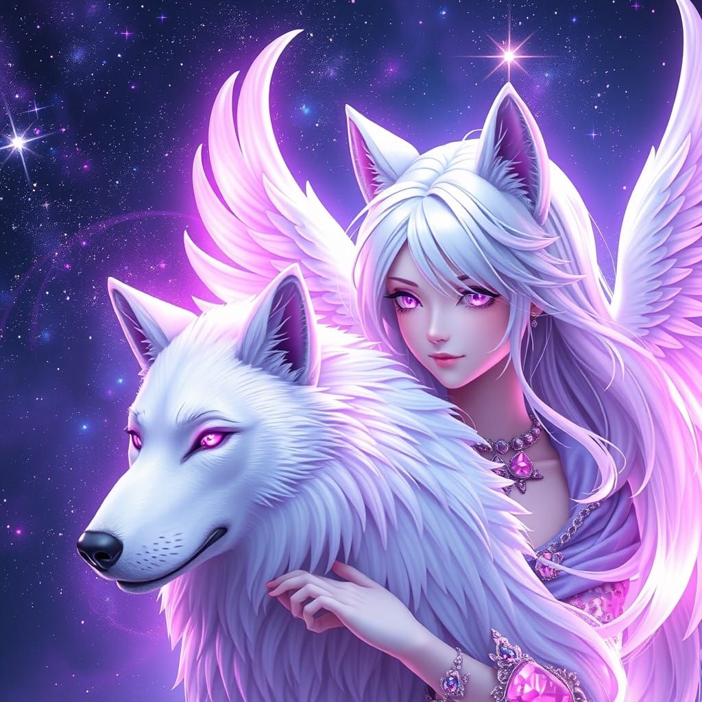 Anime Angel and Wolf with Cosmic Background