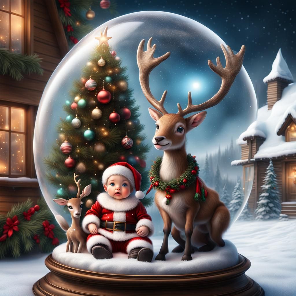 Baby Santa and Reindeer in Snow Globe