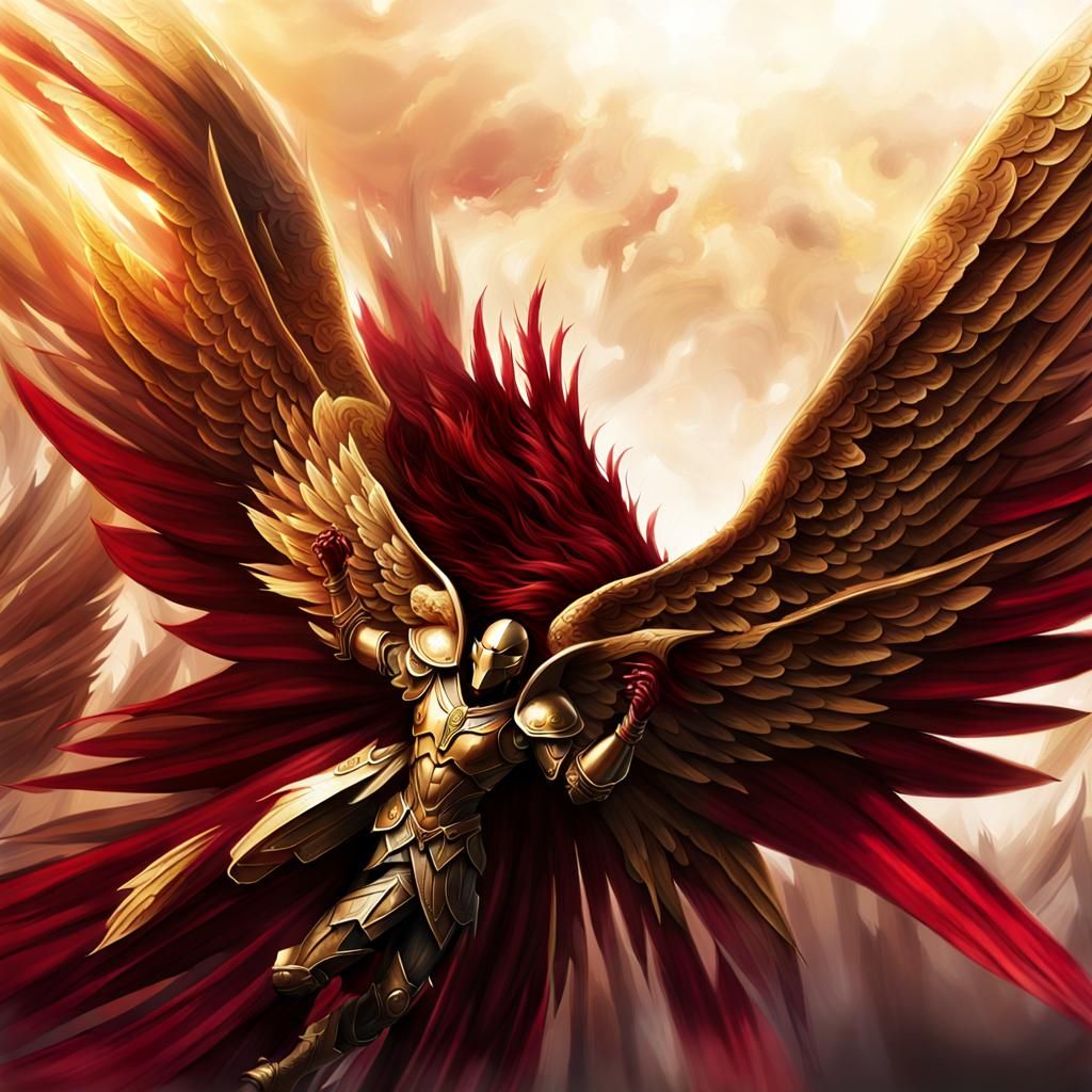Angel with Burgundy Wings in Radiant Flight