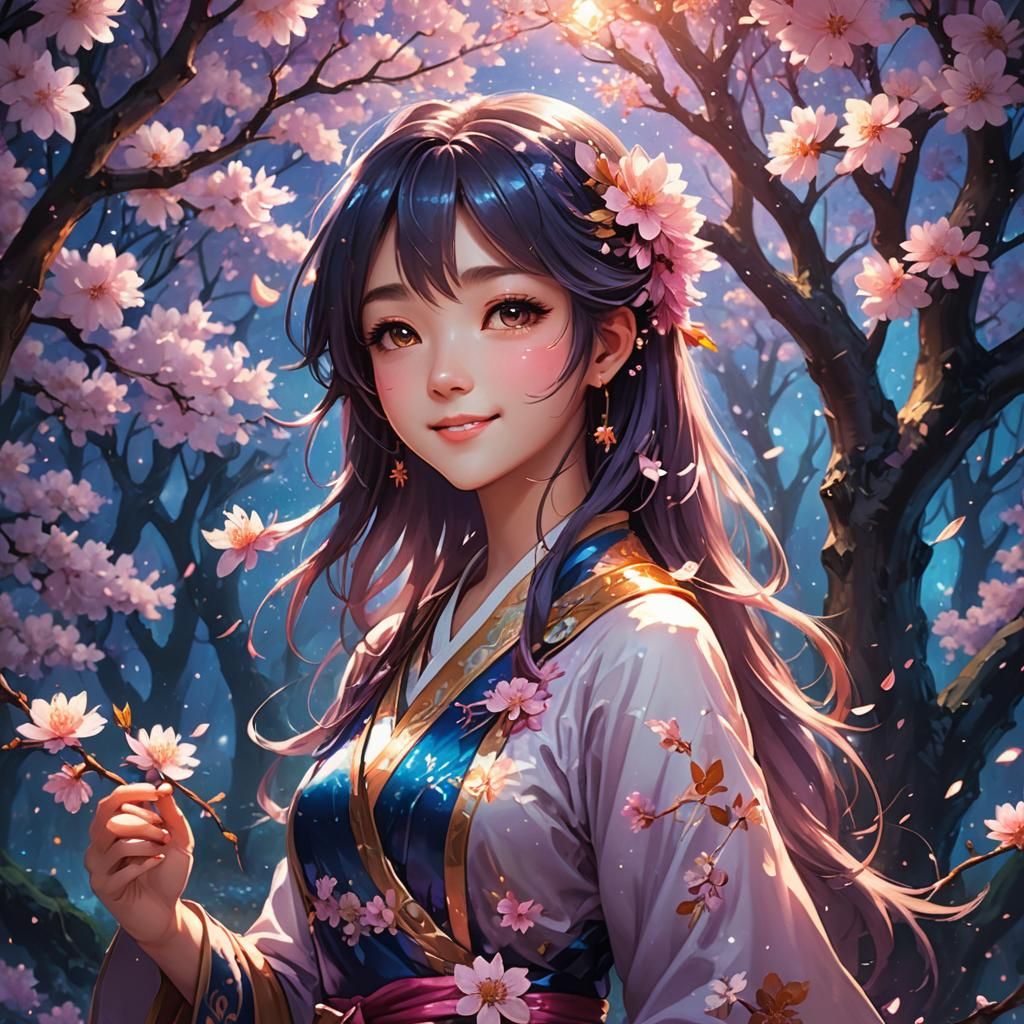 Anime Girl in Moonlit Cherry Blossom Forest