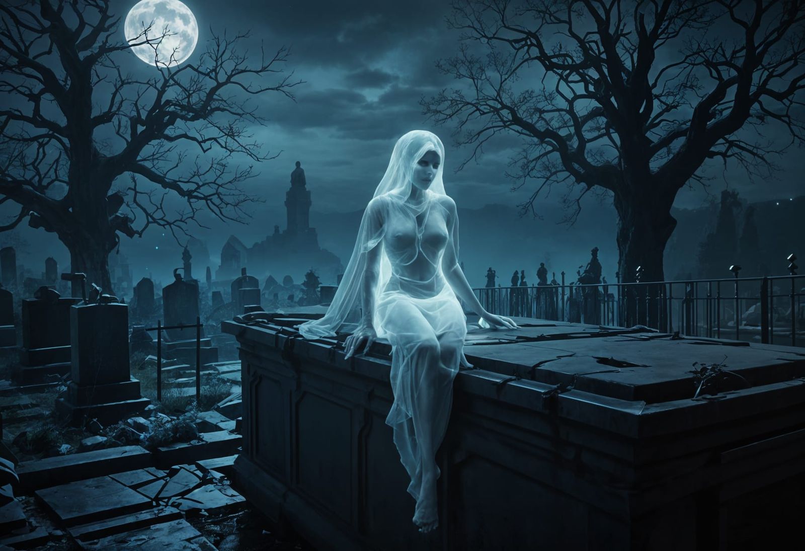 Ethereal Ghost Contemplates in a Haunting Cemetery Scene