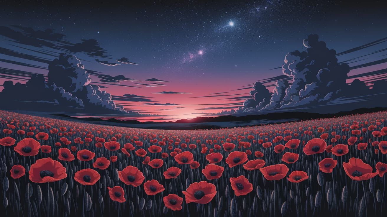 Red Poppies Under Starry Night Sky in Dreamlike Landscape Ar...