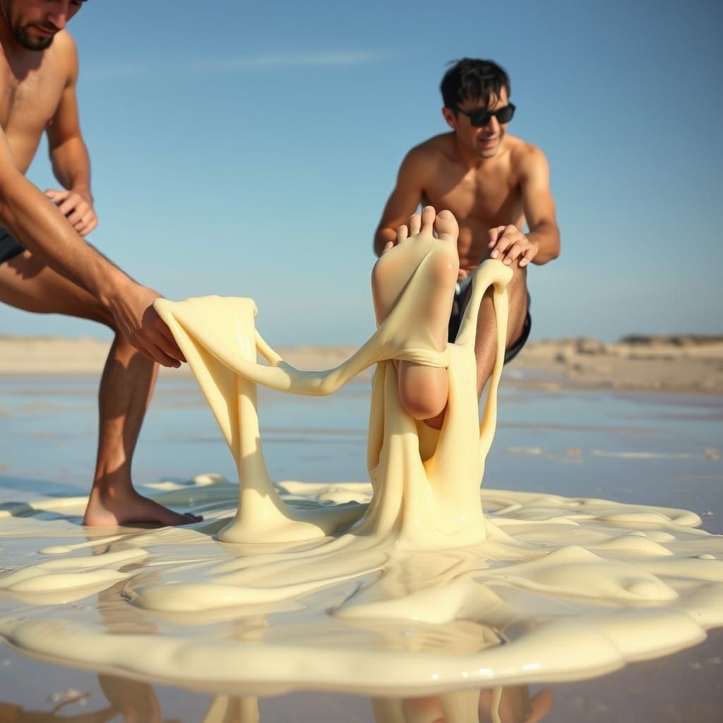 Men Struggle Free from Sticky Glue Puddle