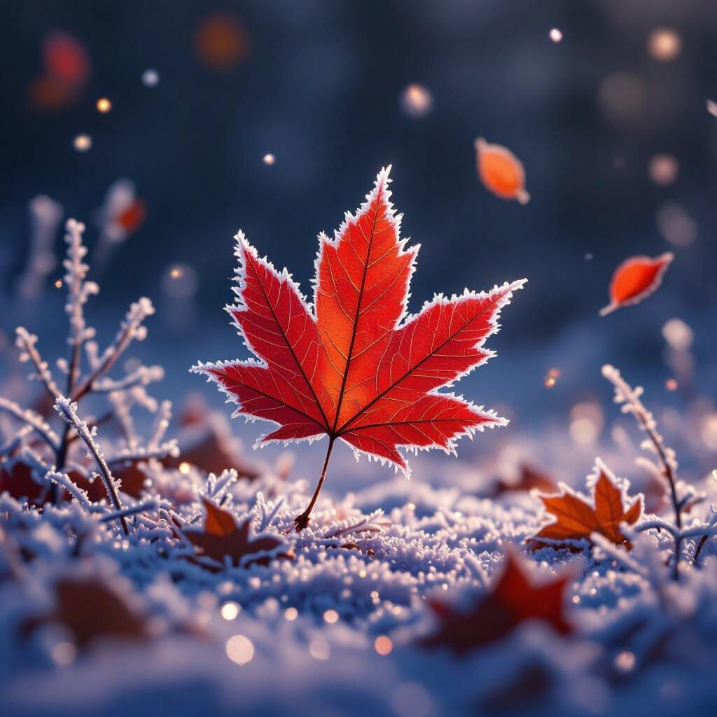 Frozen Autumn Leaf Suspended in Air