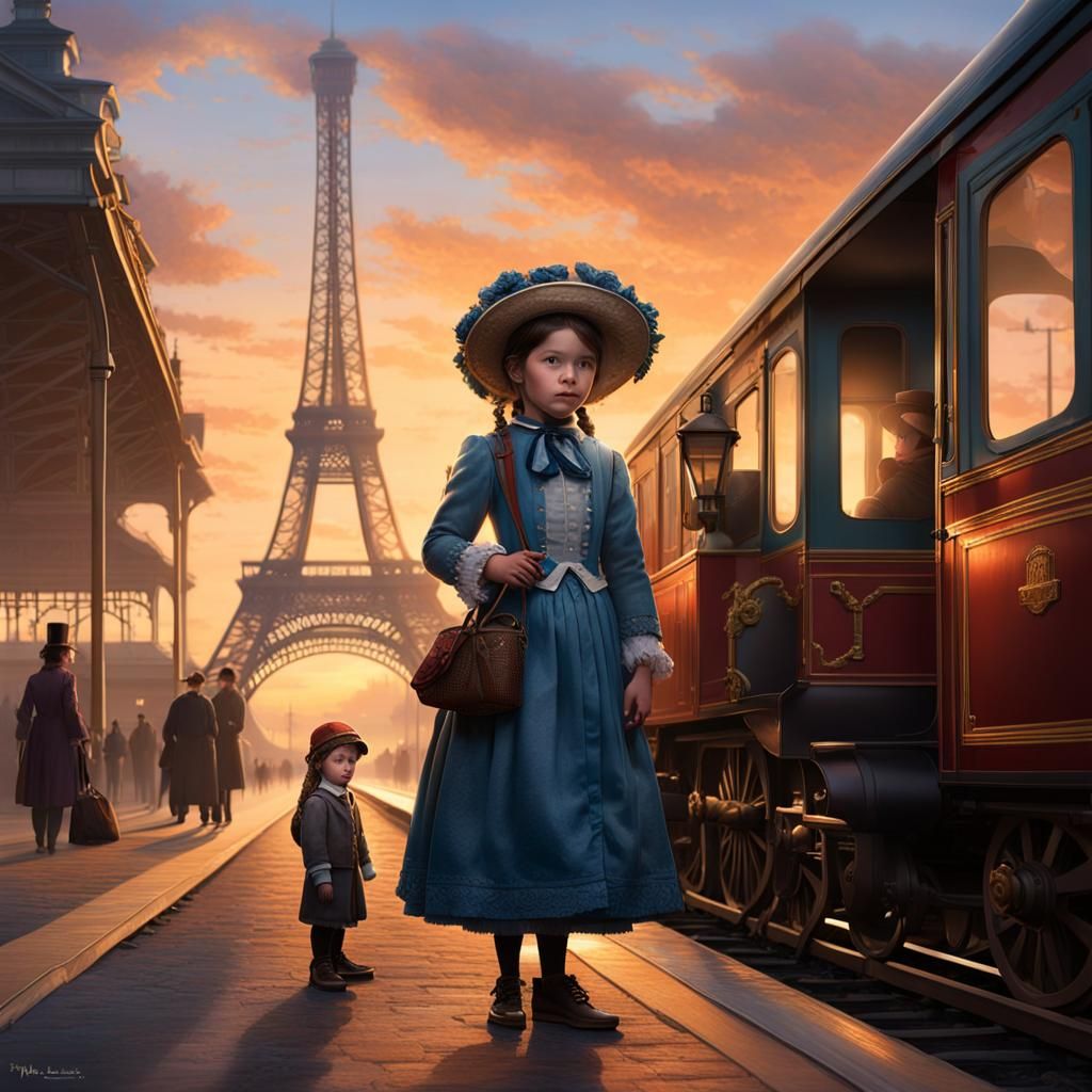 Girl Awaits Train at Eiffel-Style Station
