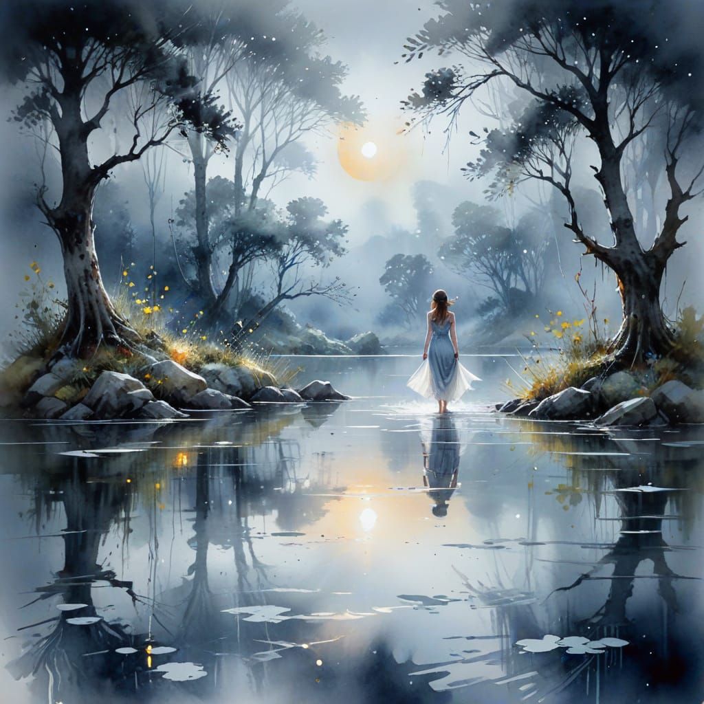 Moonlit Lake in Whimsical Watercolour Style