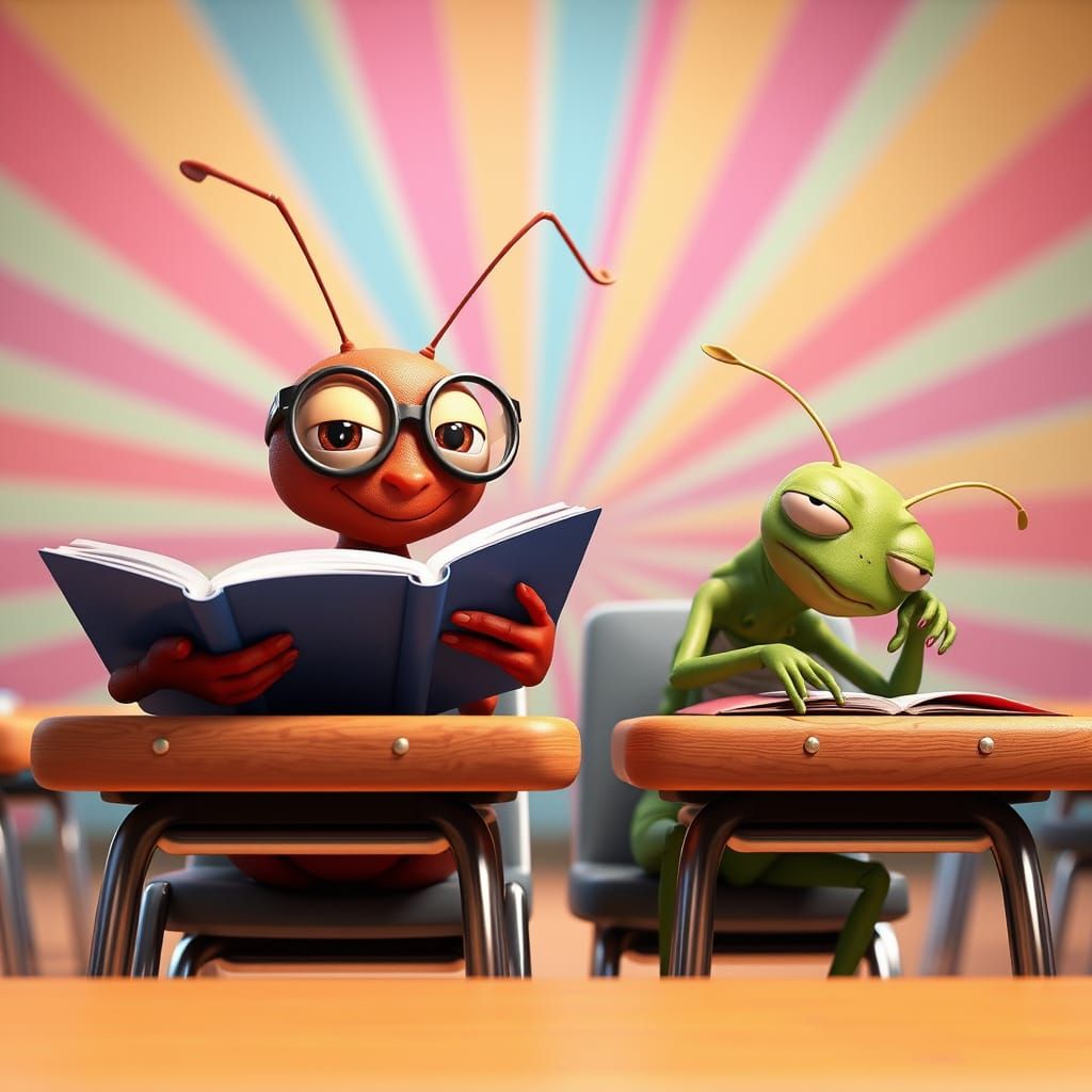 Ant and Grasshopper Students in Pixar-Style 3D Art