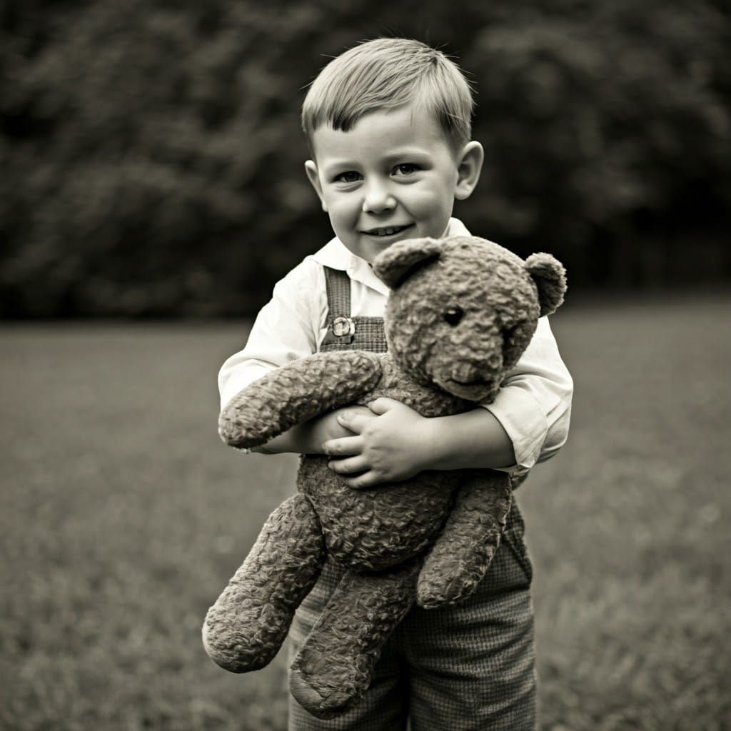 Retro Photo of Boy with Teddy Bear, Circa 1946